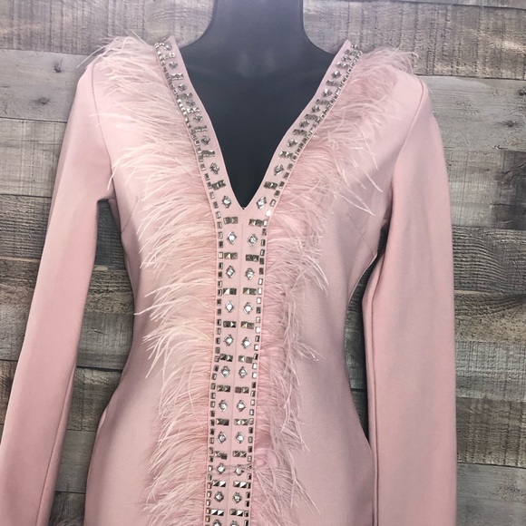 Pink/Salmon Colored Fashion Nova Bandage Dress with Feather Accents Size S - Picture 3 of 16